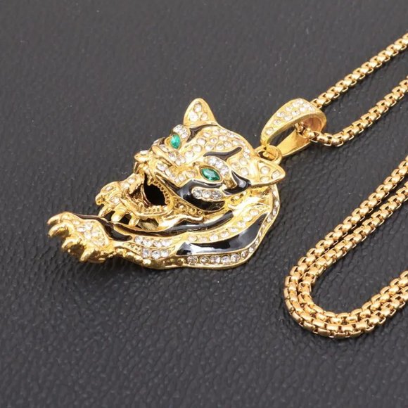 448 Creative Tiger Charm Pendant Necklace For Men, Hip-Hop Rhinestone Jewelry - Picture 3 of 5